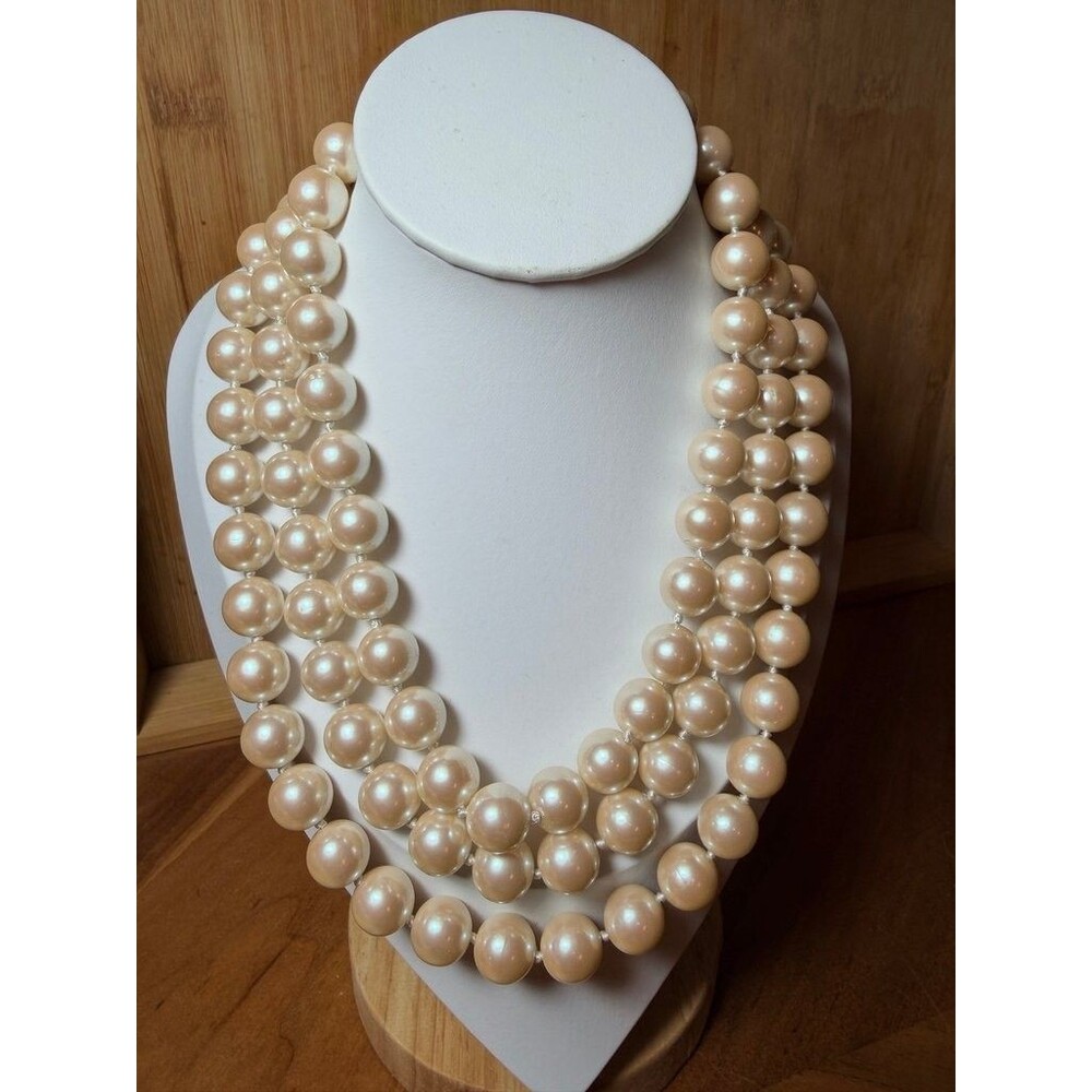 Vintage Three-Strand Faux Pearl Statement Necklace with Gold Tone Clasp